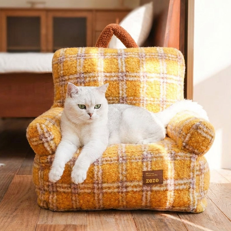 アニマルデザインソファーorベッド zeze Vintage Furniture Style Sofa Dog Bed (Plaid)-Yellow Small